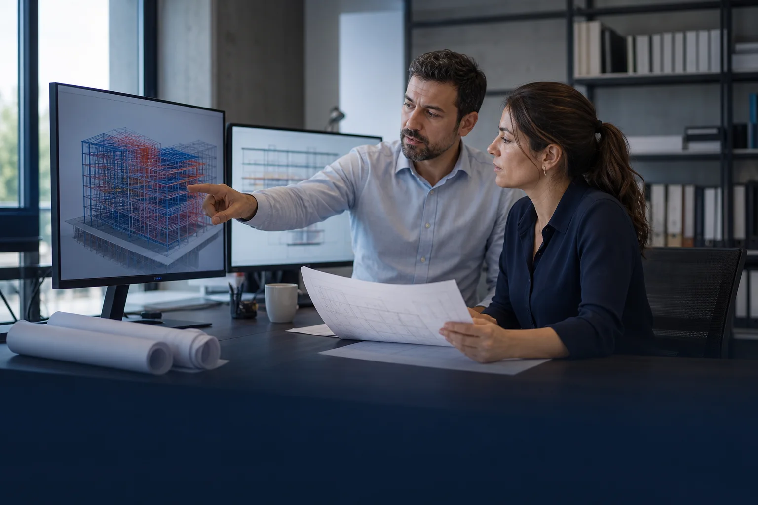 BIM modeli ve teknik paftalar üzerinde çalışan tasarım ekibini gösteren temsili sahne